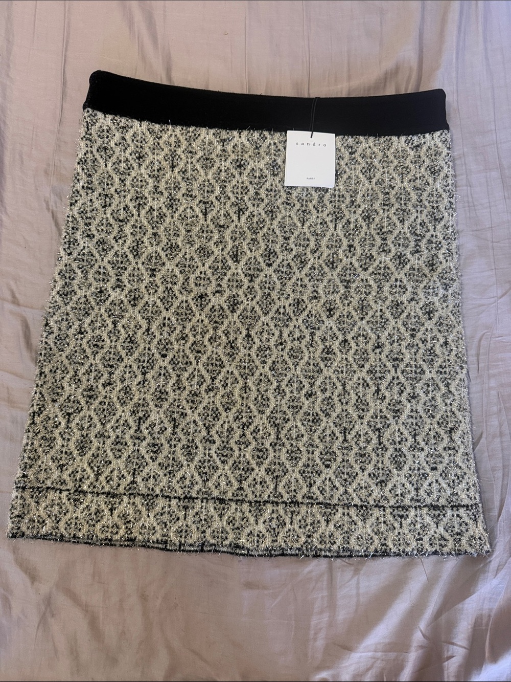 Sandro Black and Cream Patterned Tweed Pencil Skirt